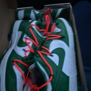 Off-White Green and White Sneakers with Red Laces